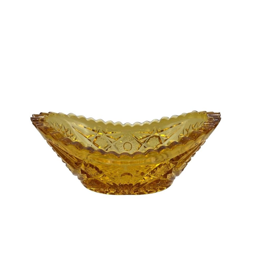 LE Smith Hobstar Pattern Glass Oval Amber Candy Nuts Trinket Star Sawtooth Edge